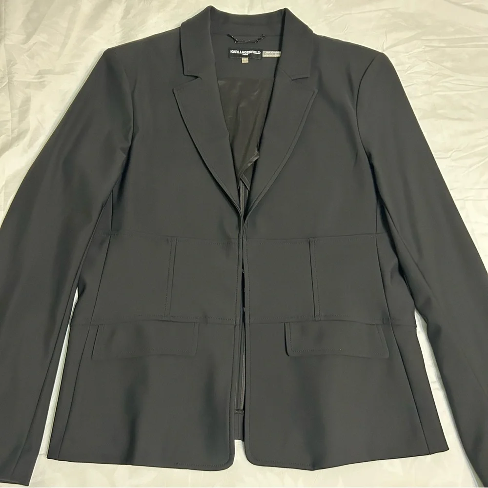 Karl Lagerfeld Corset Waist Blazer Womens 12 Black Hook and Eye Fitted Business - Picture 1 of 11